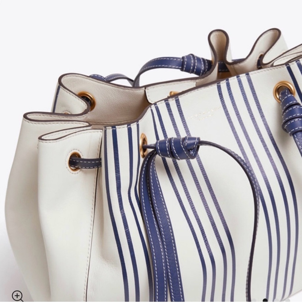 Tory Burch Cream and Navy Striped Drawstring Bucket Shoulder Bag - Picture 6 of 13